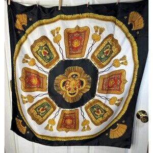 Ladies Scarf 34" Square Polyester Tassels Badges epaulettes Black Gold Red Green